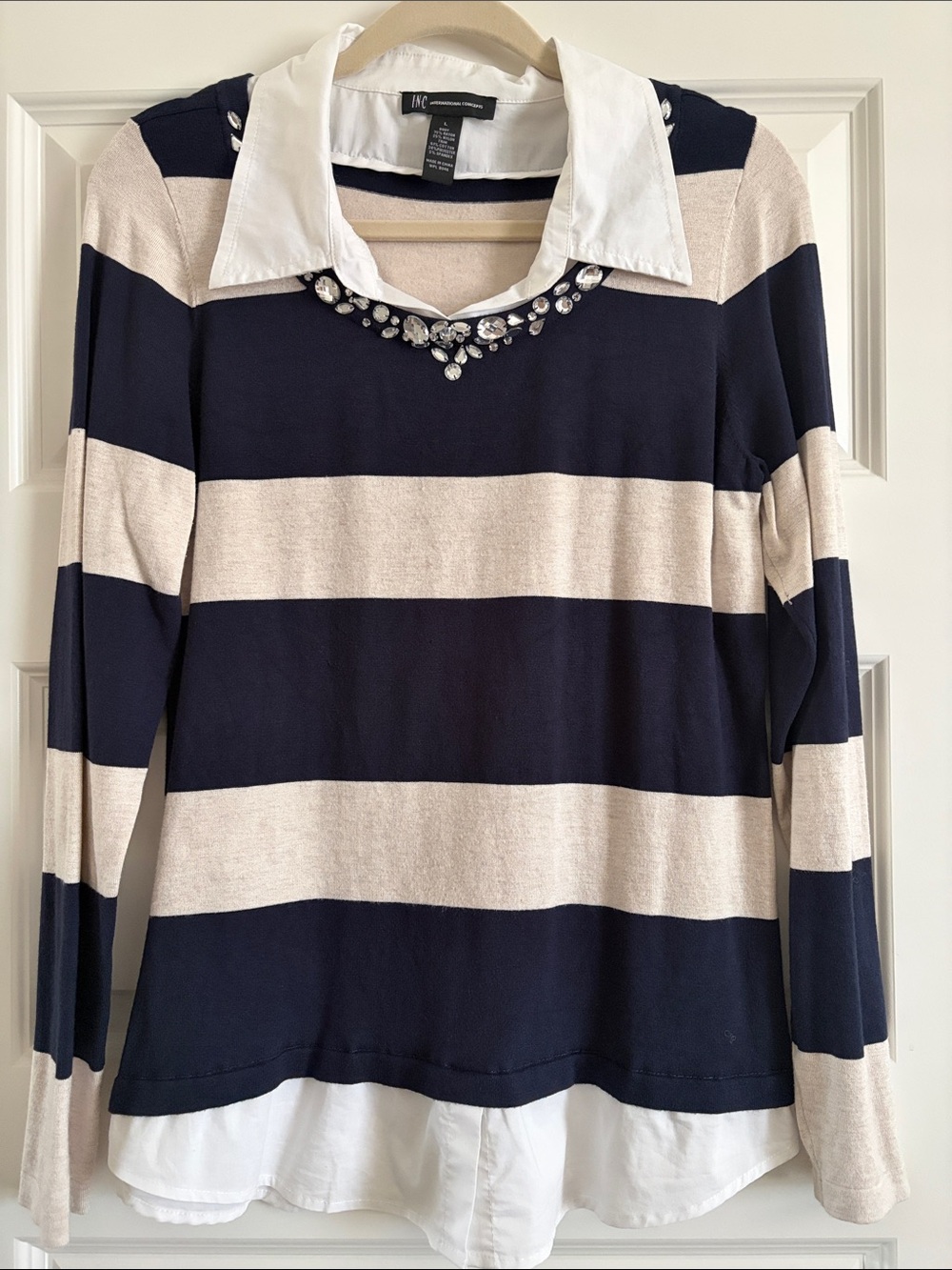 INC International Concepts Navy and Oatmeal Striped Layered Collared Top